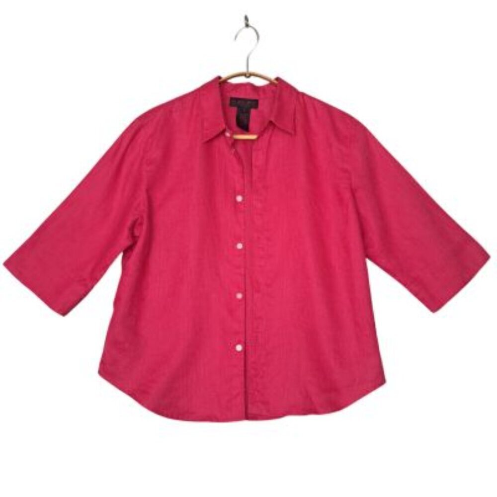 Rare Vintage "RALPH" Ralph Lauren 100% Linen Bright Fuchsia Pink Button Up Shirt